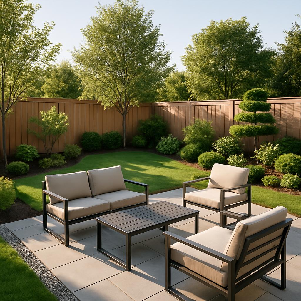 A serene patio scene with a black metal furniture set featuring light-colored cushions, situated on a stone patio, surroun...