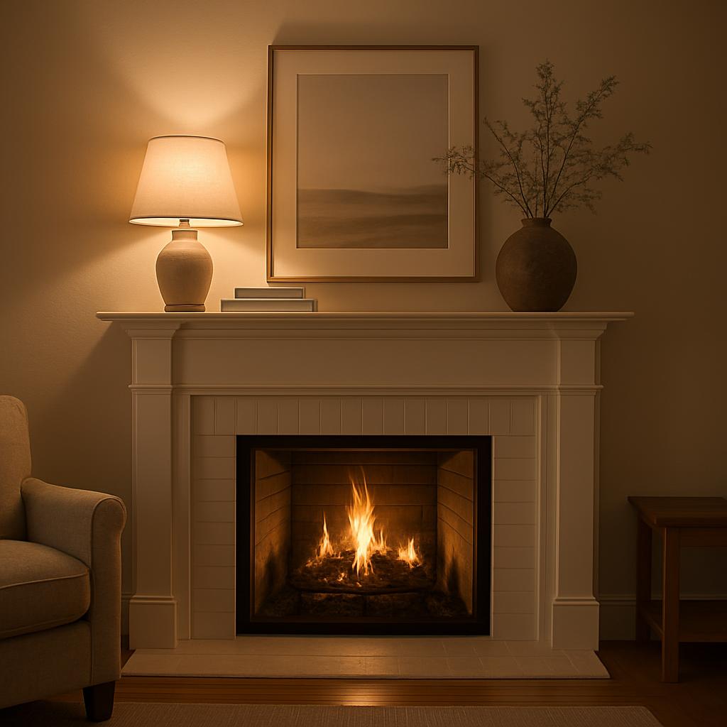 A living room with a white mantle and a framed picture above a lit fireplace, lit by a table lamp to the side.