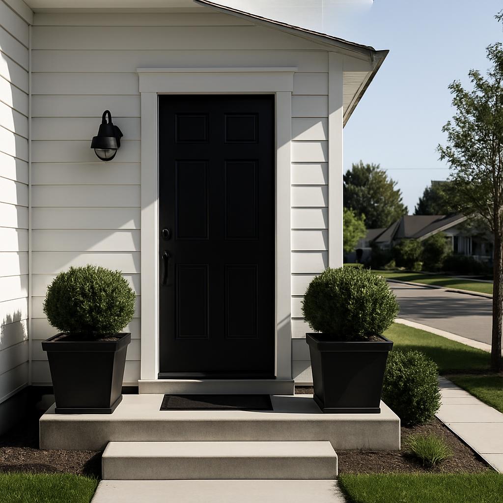 A modern-white house with a black door.