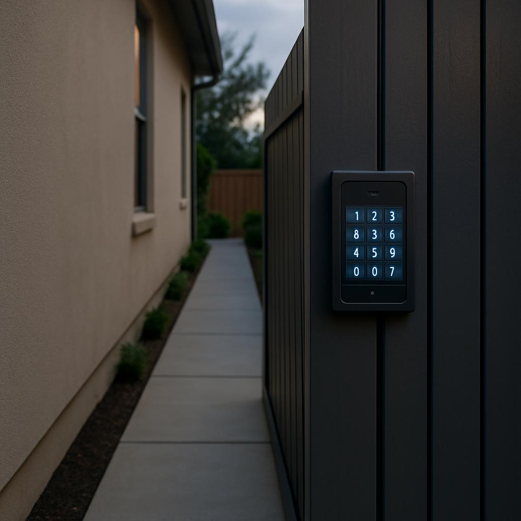 A code lock on a dark fence, likely part of a secure entry system for a residence or private building. The lock is mounted...