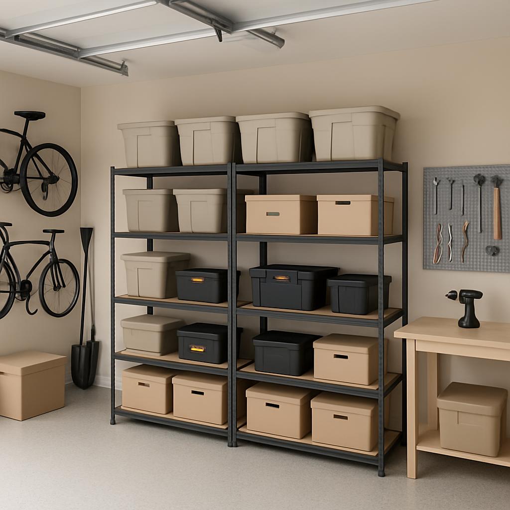 A storage room with a shelving unit, featuring storage bins, and a workbench with tools.