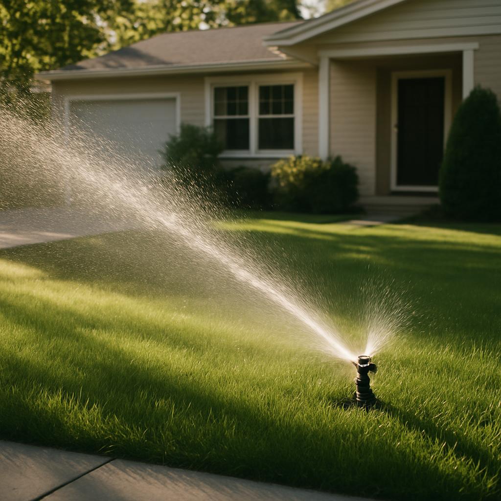 English (United States) **Alt Text:** A lawn sprinkler spraying water on a grassy lawn in front of a house.