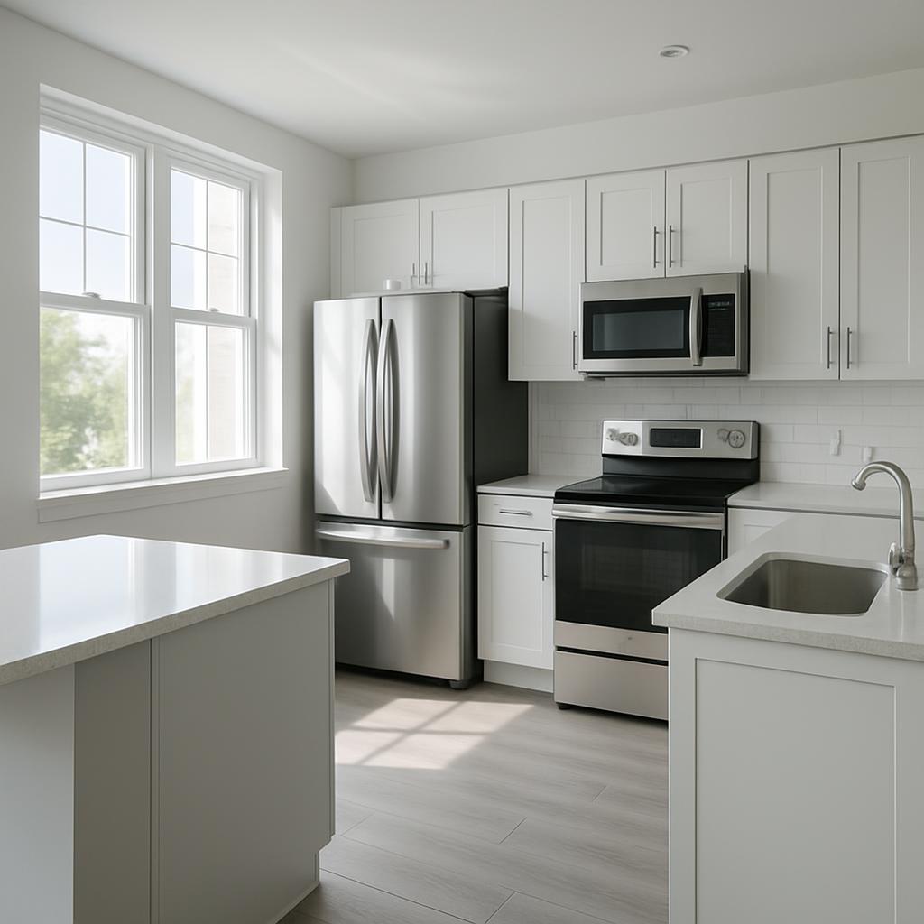 White kitchen with stainless steel appliances and white tile countertops. Sun shining through a window. Gray-brown laminat...
